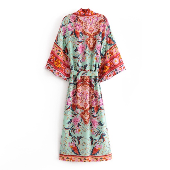 Boho Gypsy Red Floral Print Belted Kimono Cover up Beach - Picture 7 of 9